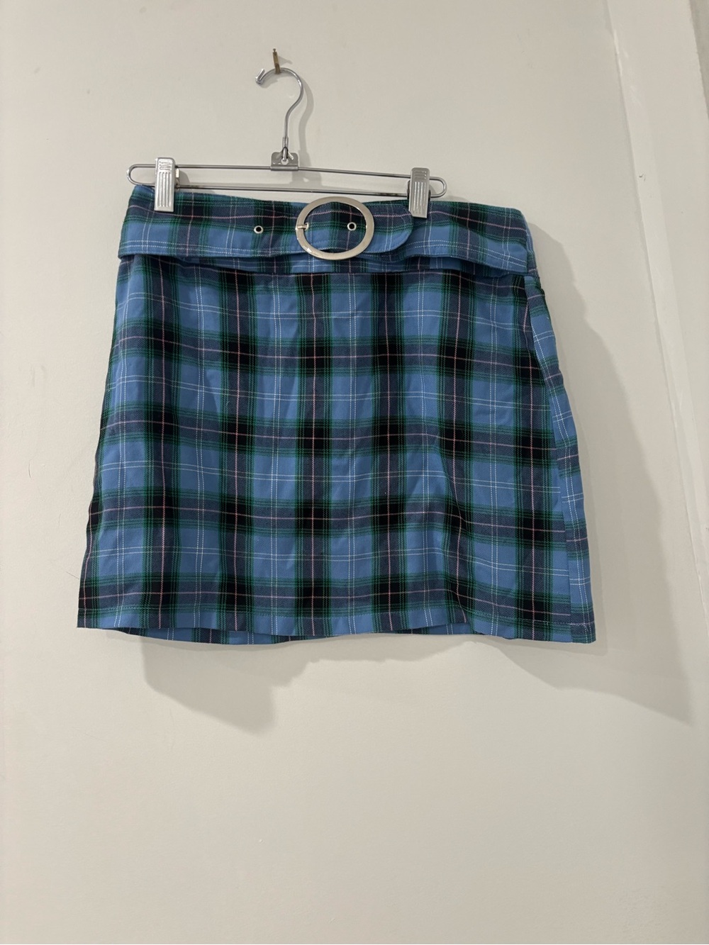 Topshop Blue and Green Plaid Mini Skirt with Belt